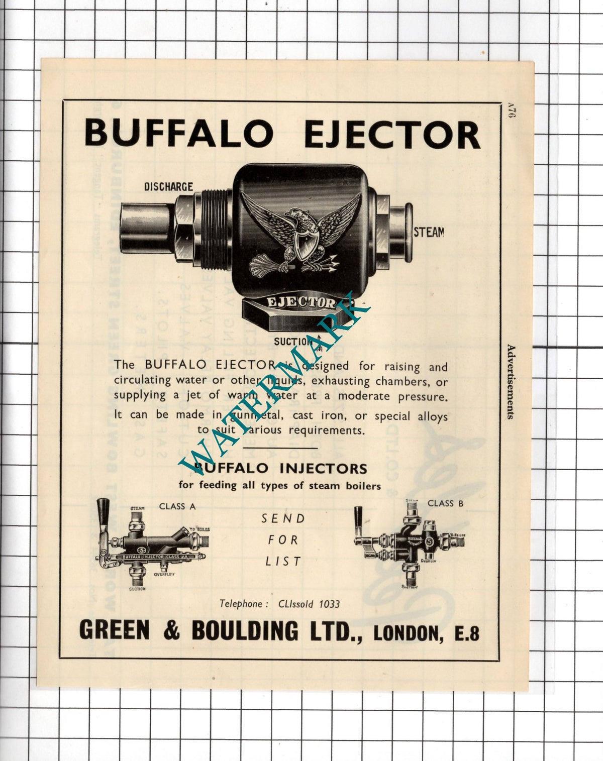 Green & Boulding Ltd London Buffalo Ejector - 1951 Advert