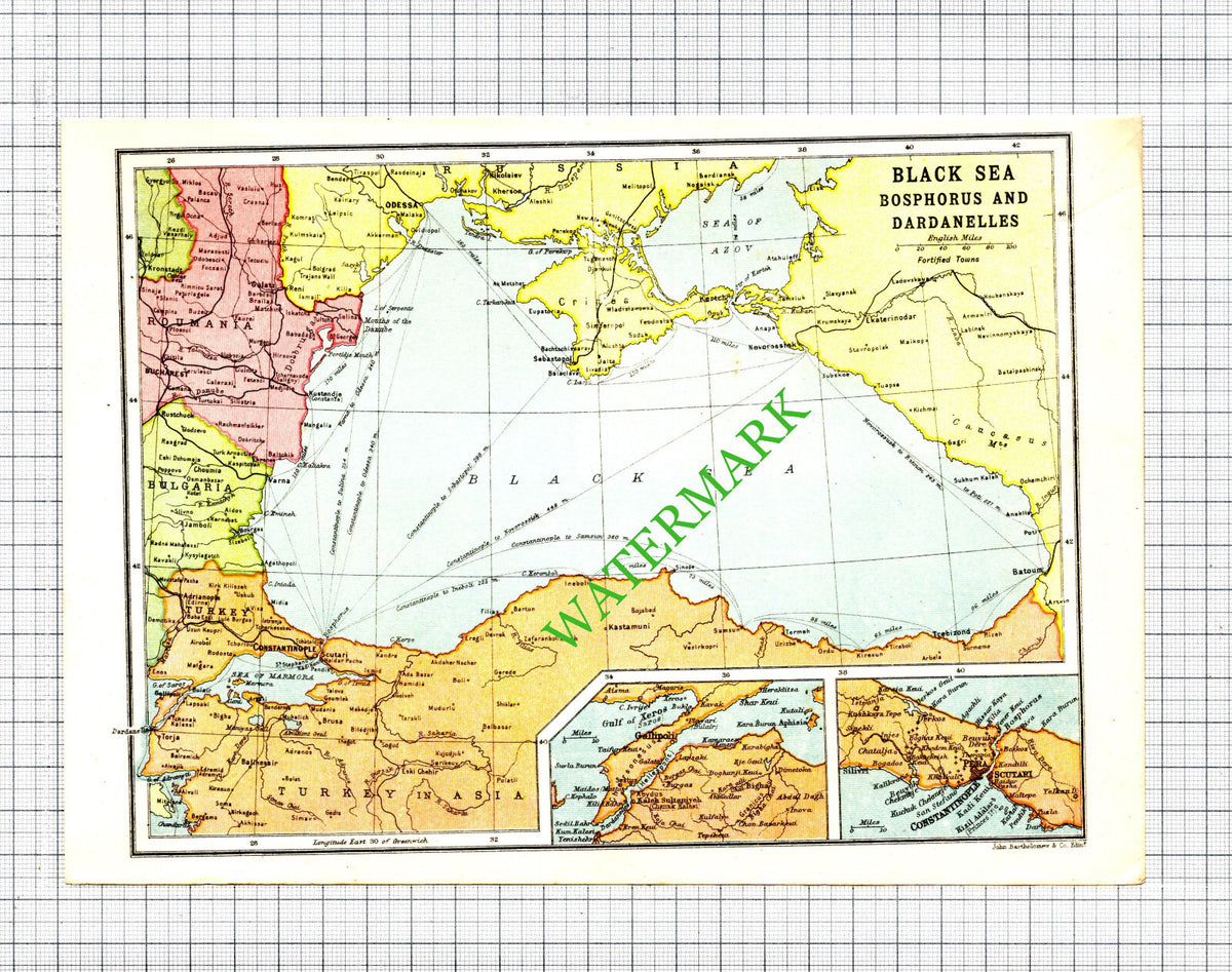 Small Black Sea Bosphorus And Dardanelles Map - c.1920 Cutting / Print
