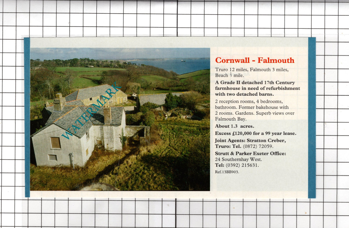 Falmouth Cornwall Farmhouse House Sale Advert -- 1991 Clipping