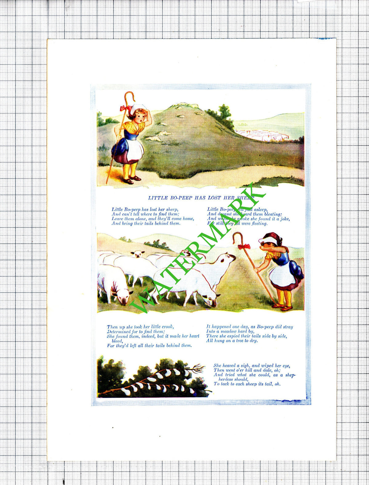 Little Bo Peep Nursery Rhyme - 1930's Print / Cutting