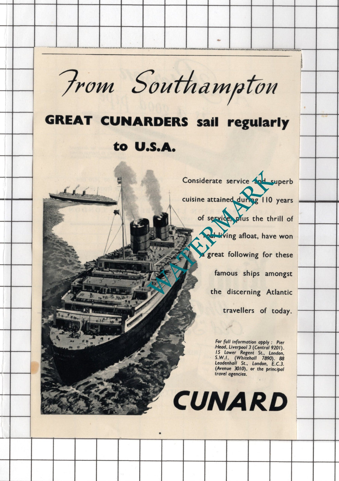 Cunard Southampton ADVERT - 1950 SMALL Cutting