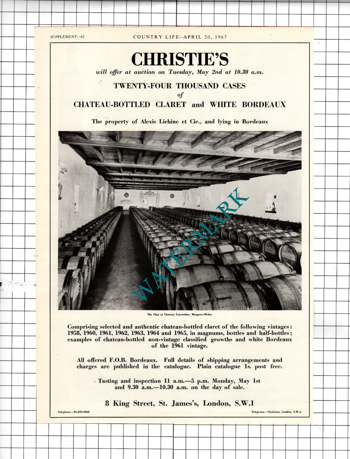 Alexis Lichine et Cie Margaux-Medoc Wine Sale Christie's Advert - 1967