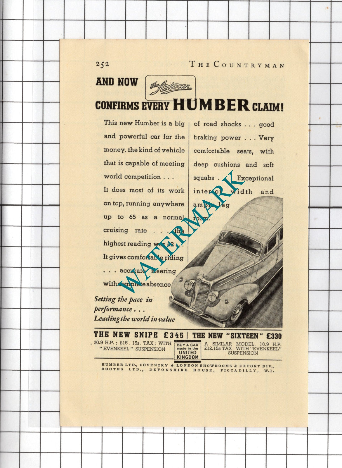 Humber Snipe Car Advert - 1938 Small Clipping