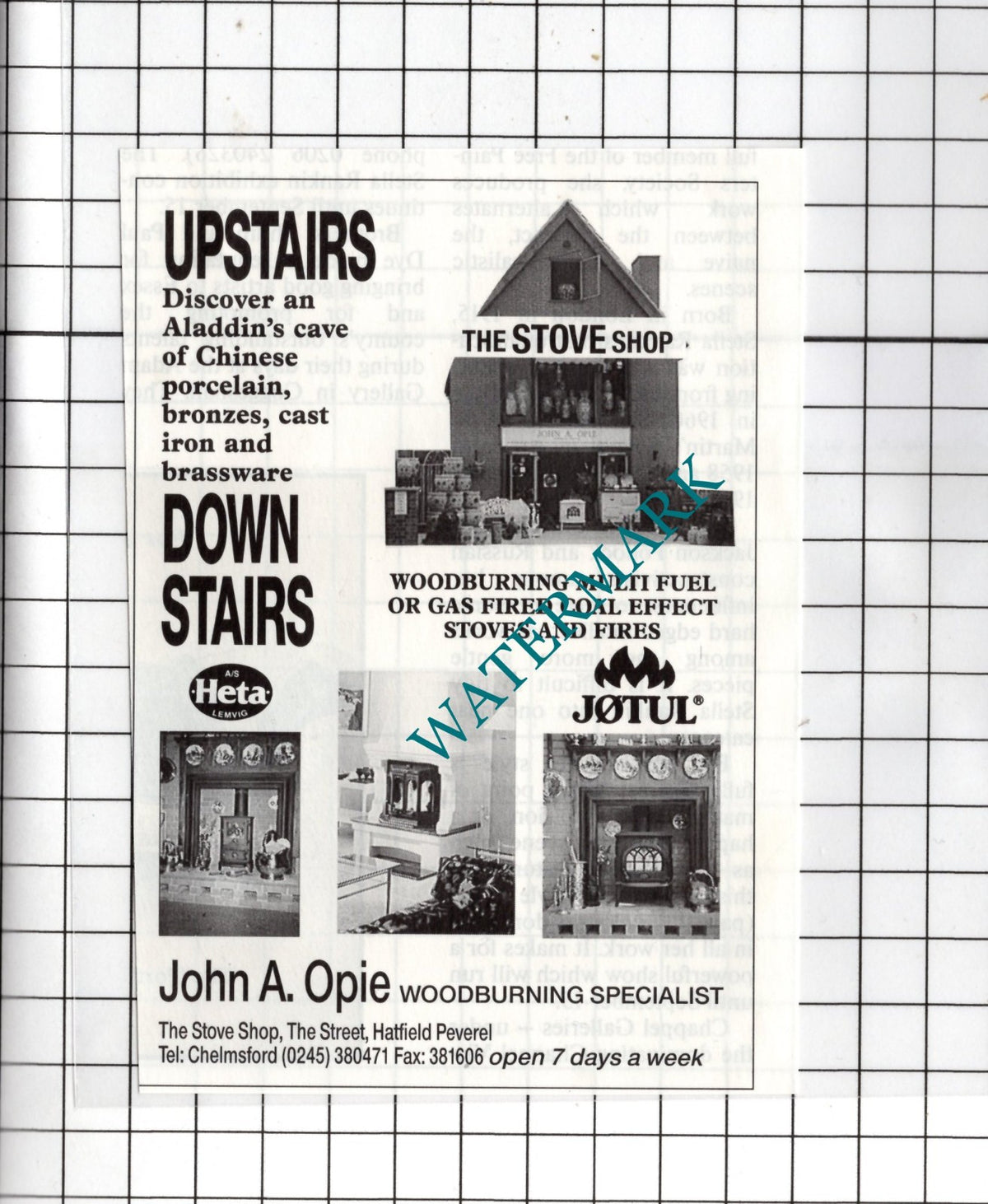 John A Opie The Stove Shop Hatfield Peverel Essex - 1991 Small Advert