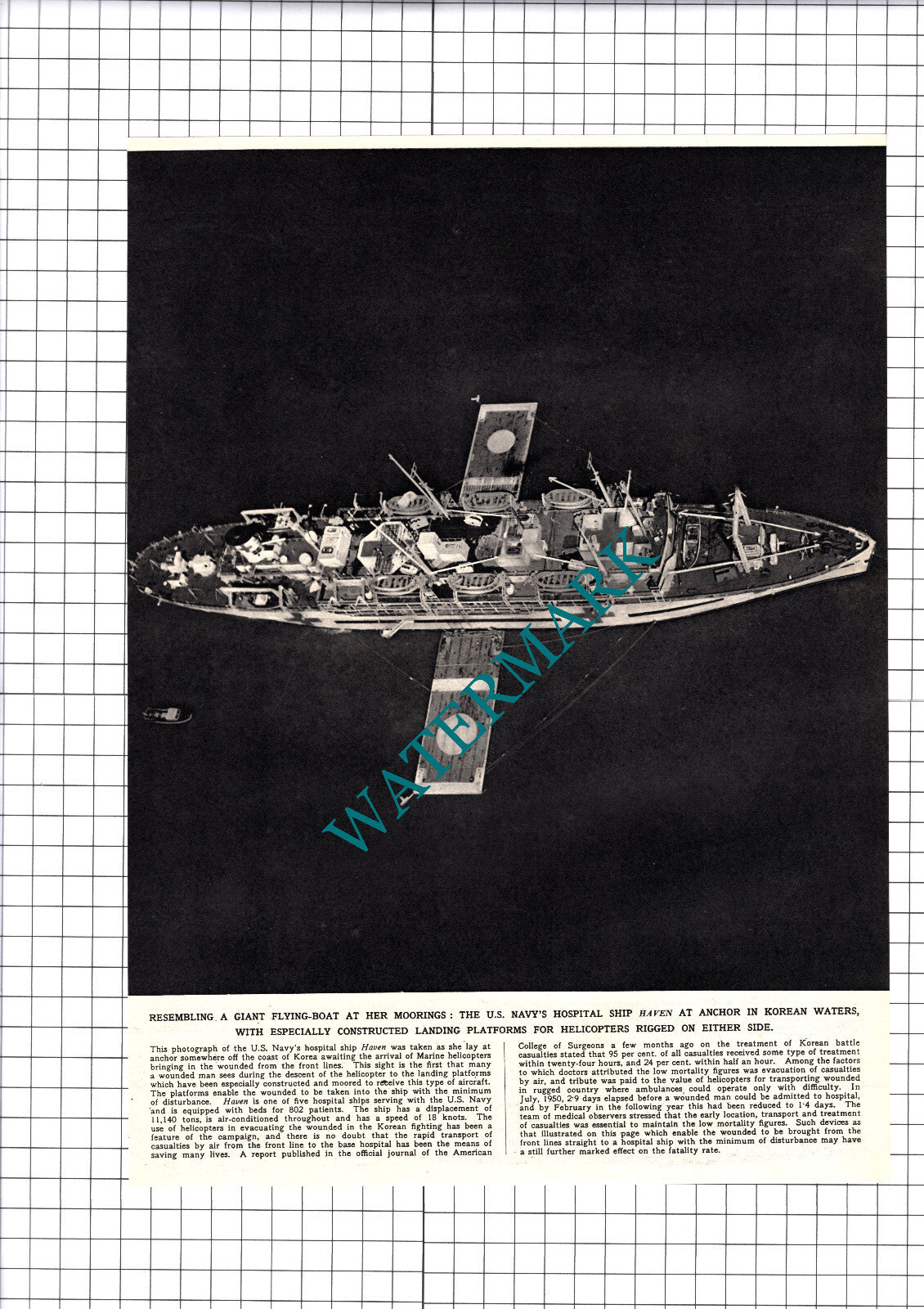 US Navy Hospital Ship HAVEN Korea - 1952 Cutting / Print