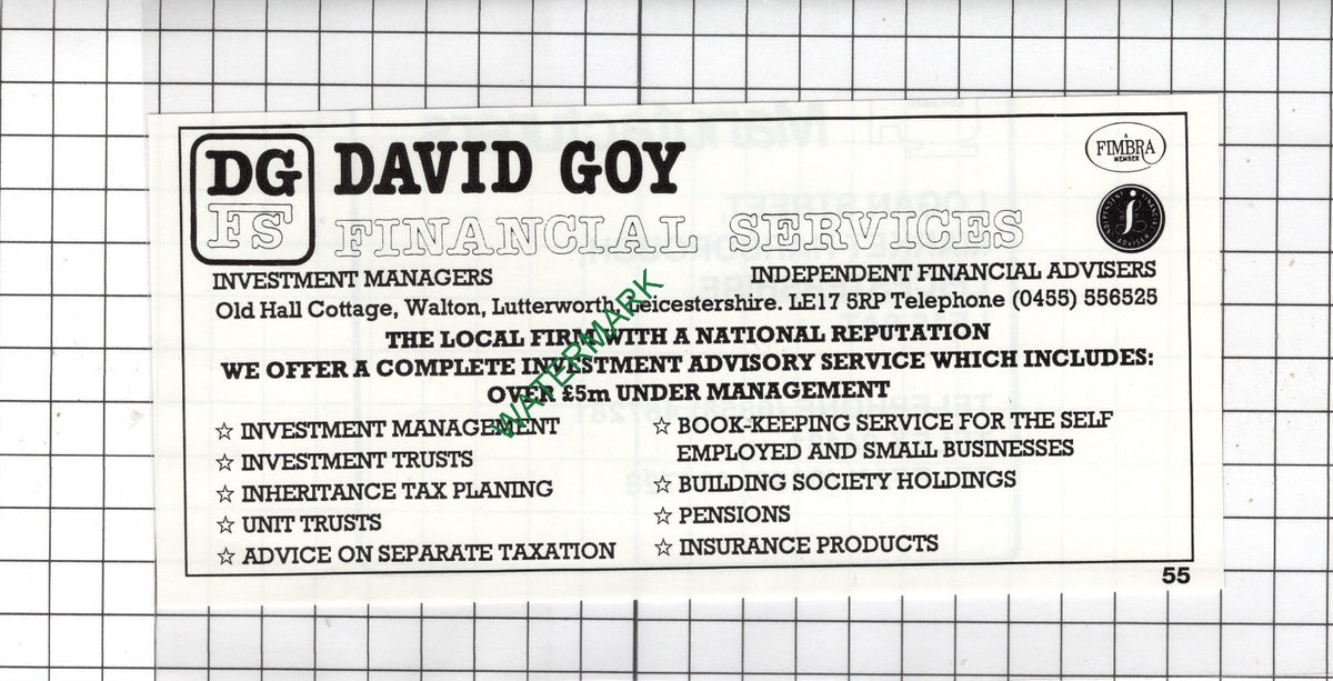David Goy Financial Services Lutterworth Leicestershire - 1990 Small Advert