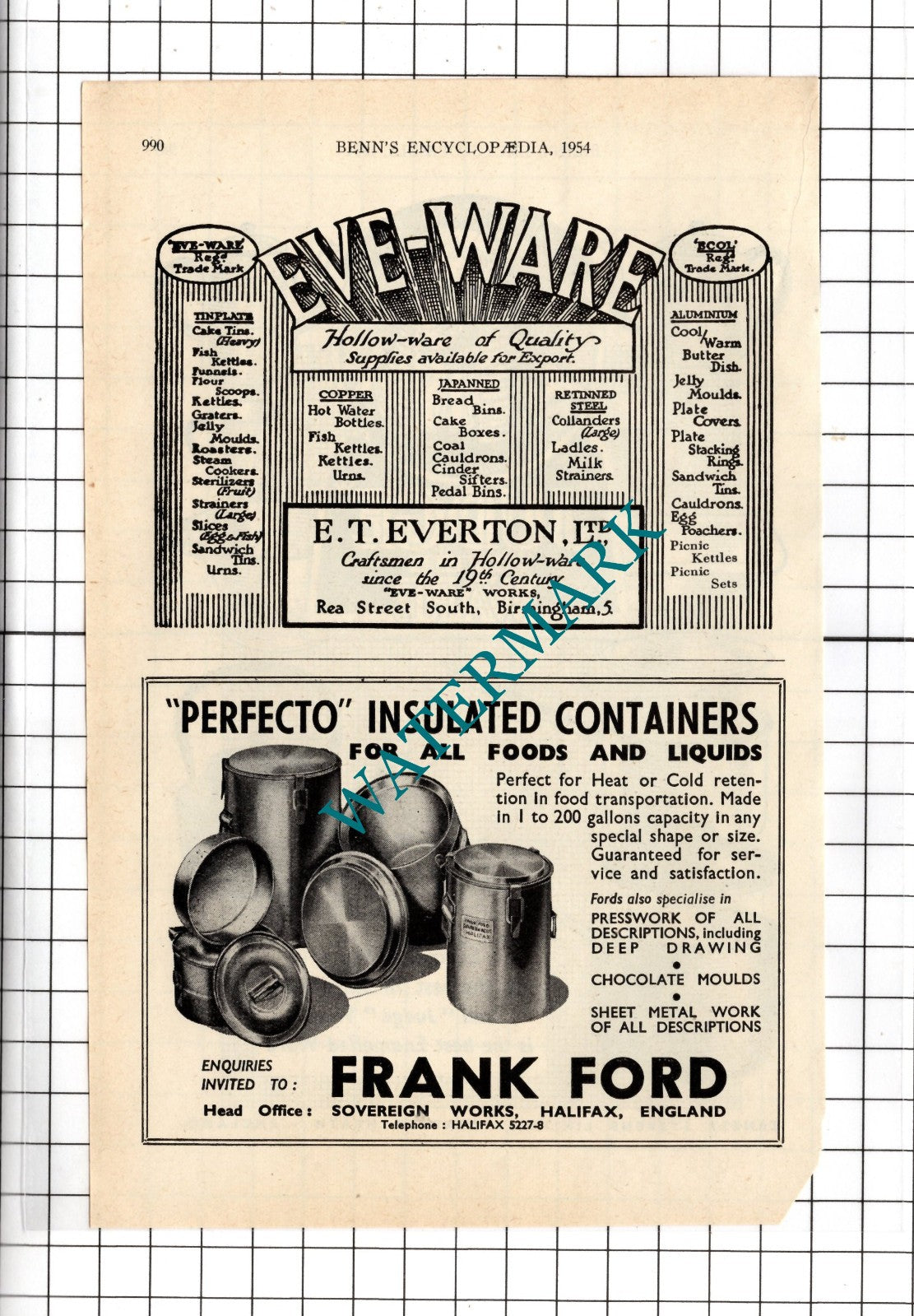 Ernest Stevens Cradley Heath / E T Everton Ltd / Frank Ford Halifax- 1954 Advert