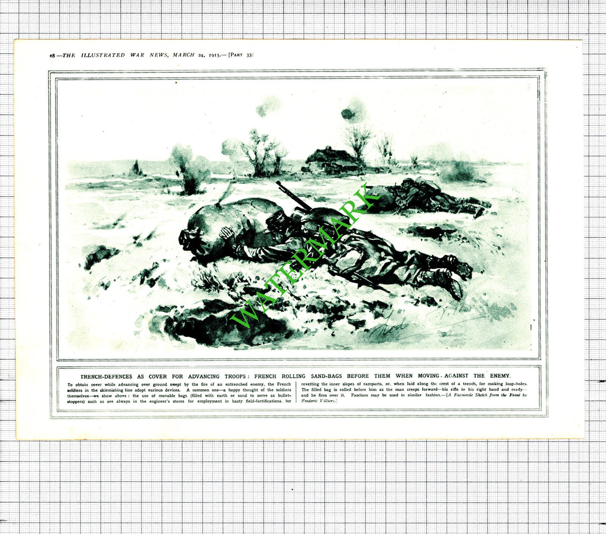 French Troops Sandbags Shields World War One WW1 - 1915 Cutting / Print