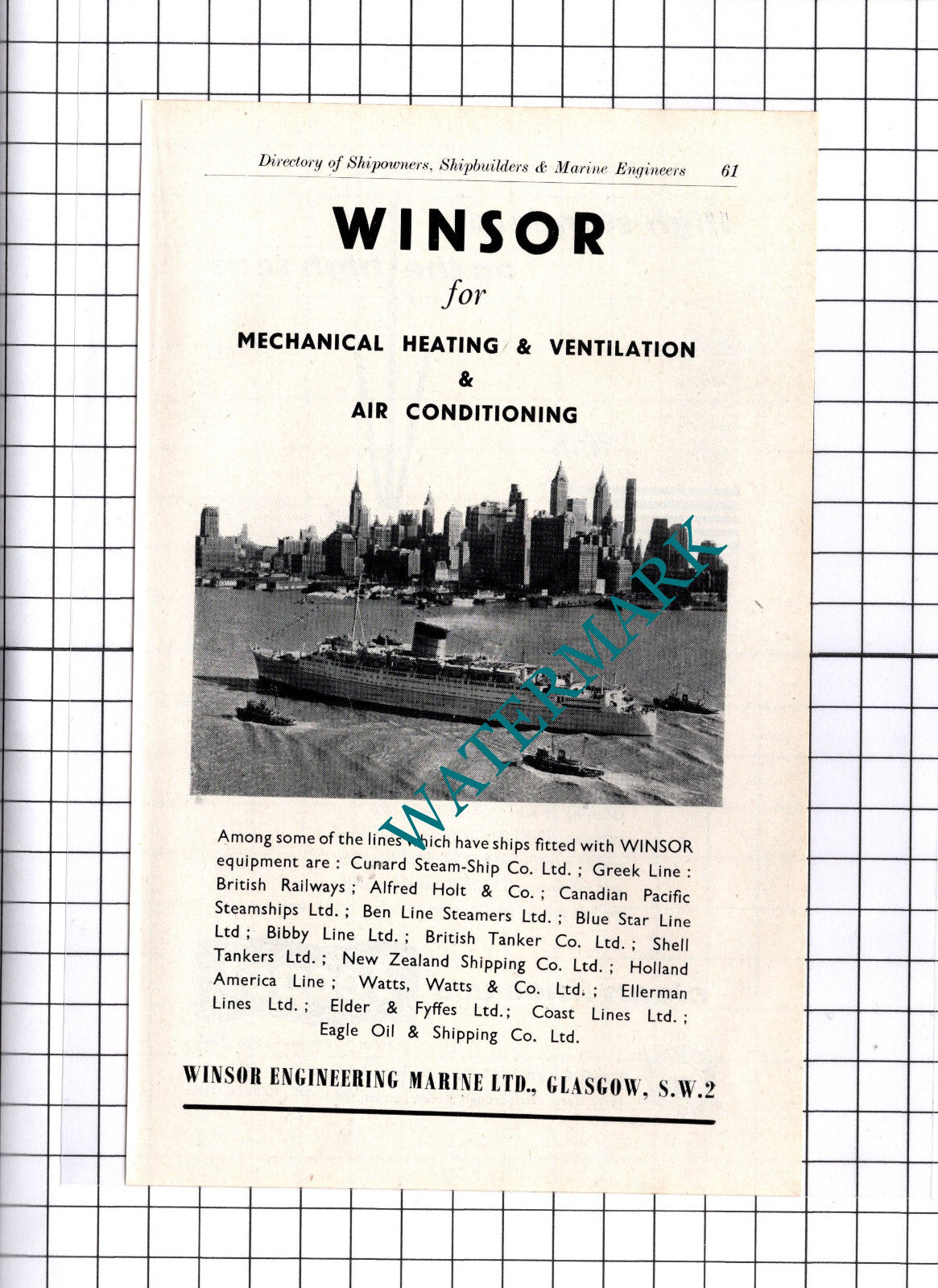 Winsor Engineering Marine Ltd Glasgow ADVERT - c.1957 Clipping / Print
