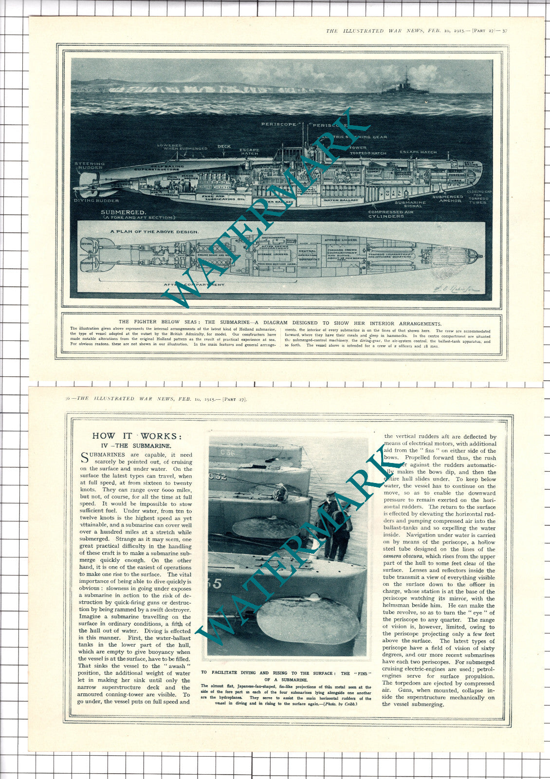 How The Submarine Works Diagram Great War WW1 -1915 Two-Part Clipping/ Print