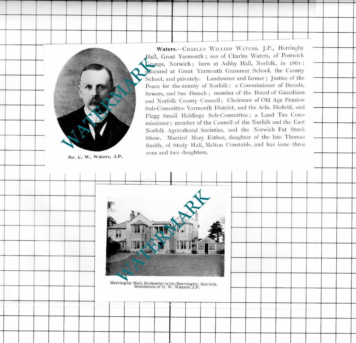 Charles William Waters Herringby Hall Stokesby Norfolk - 1911 2-Part Clipping