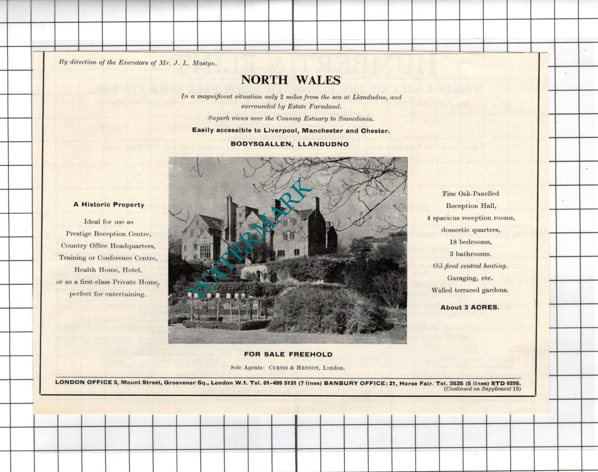 Bodysgallen Llandudno Wales Mr J L Mostyn - 1967 House Sale Advert