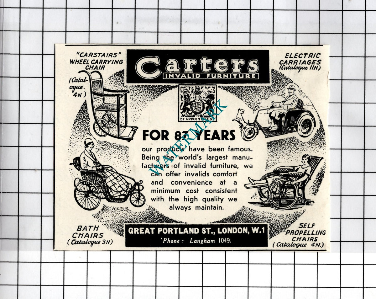 Carters Invalid Furniture London Small Advert - 1937 Cutting