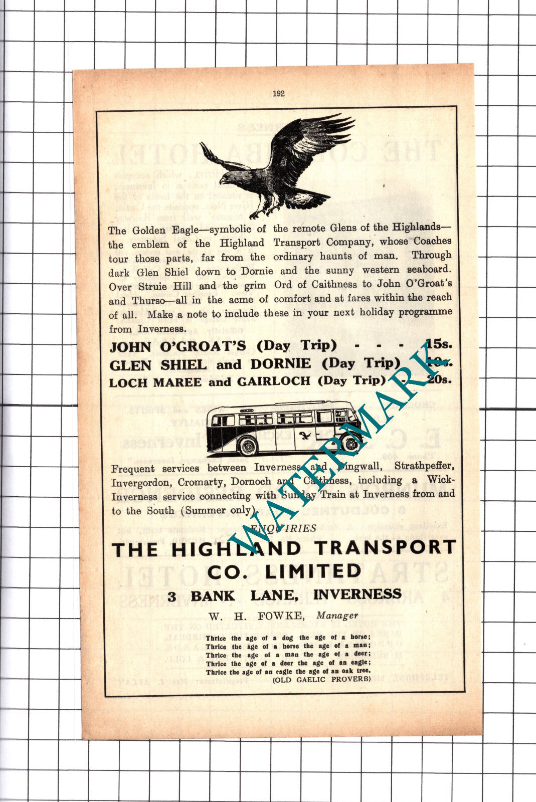 The Highland Transport Co Ltd Inverness Fowke Advert - 1939 Cutting / Print