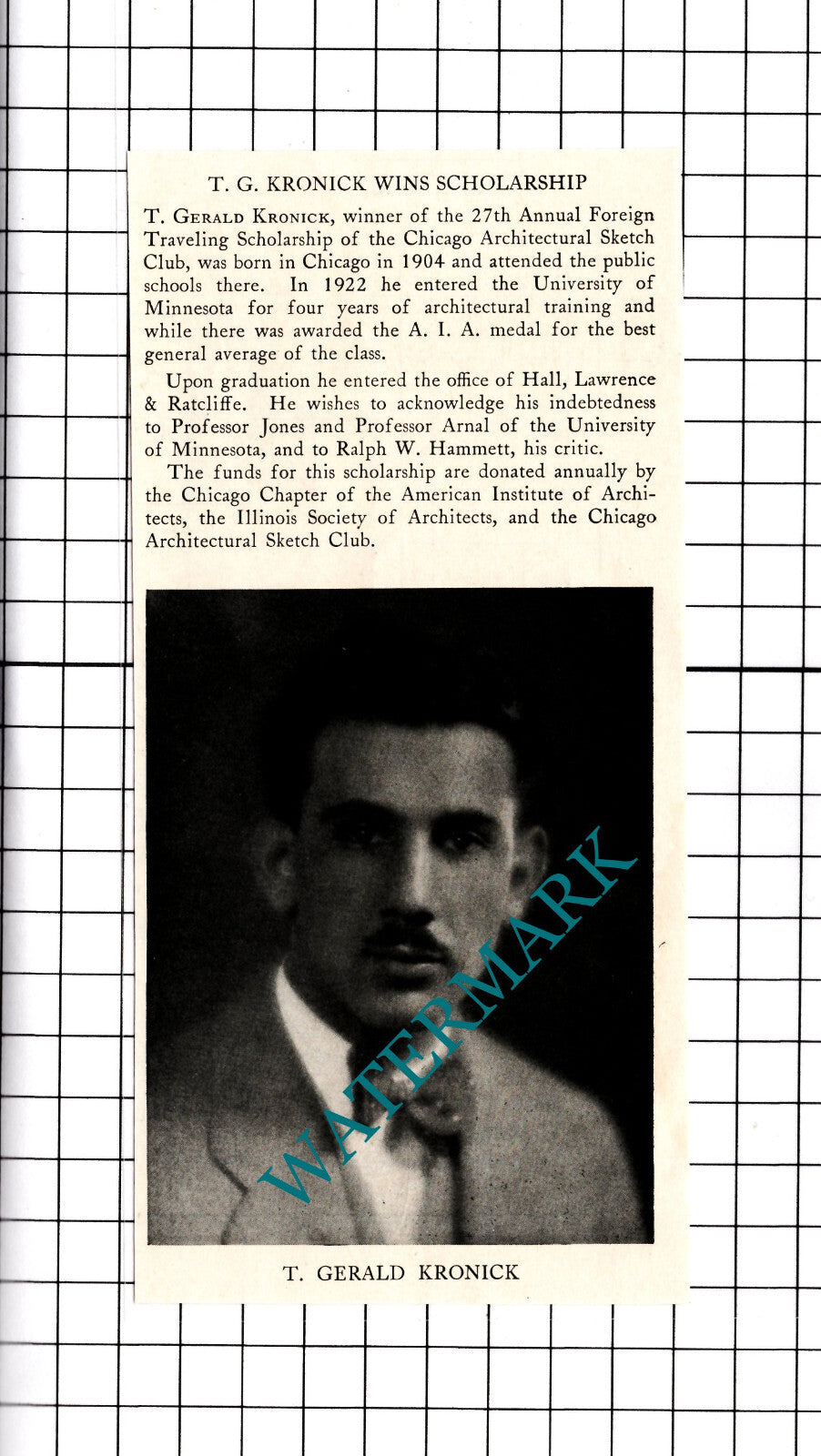 T Gerald Kronick Architect - 1927 Clipping / Print