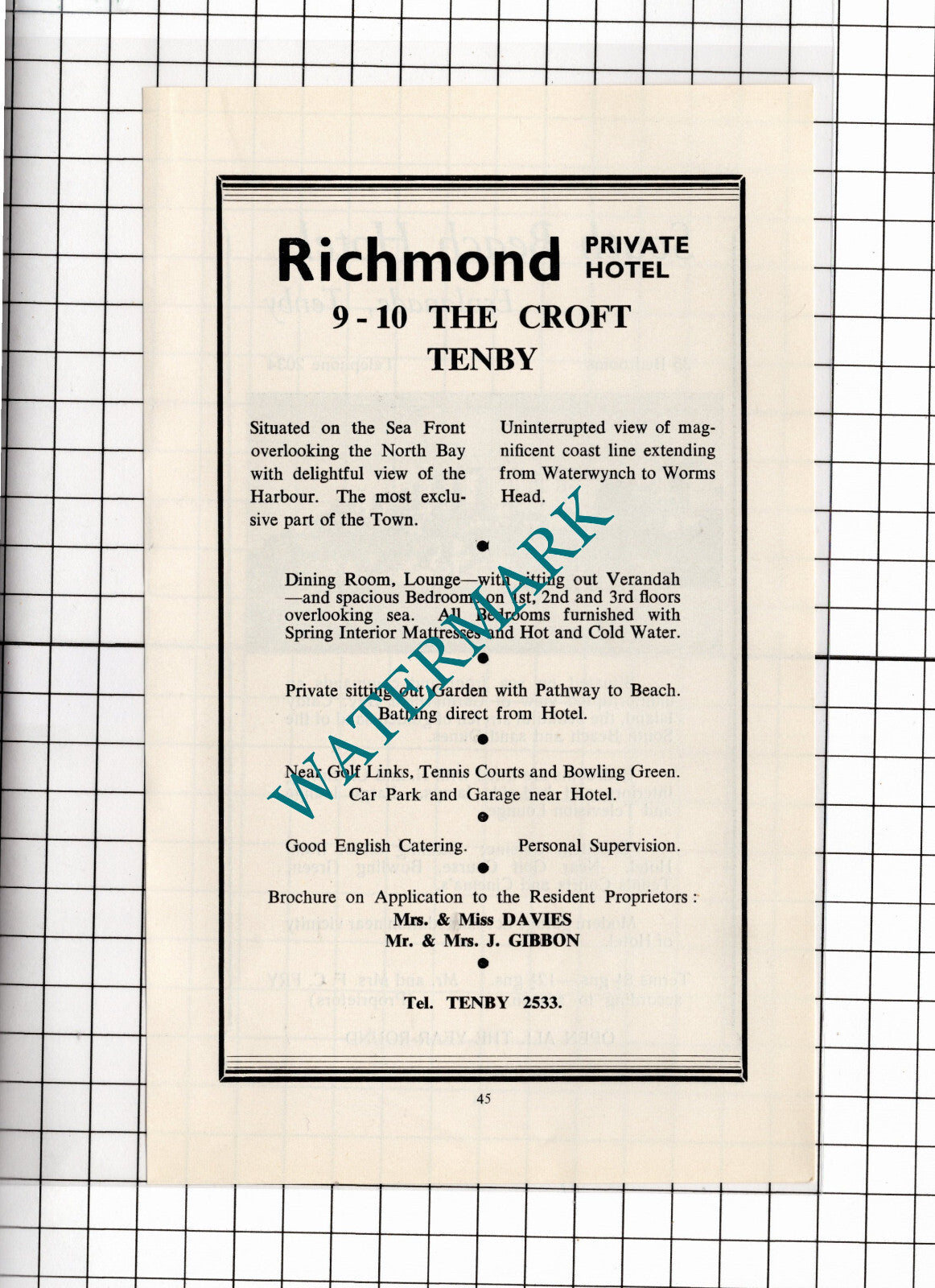 South Beach Hotel Tenby Wales Fry / Richmond Hotel Tenby Gibbon - 1962 ADVERT