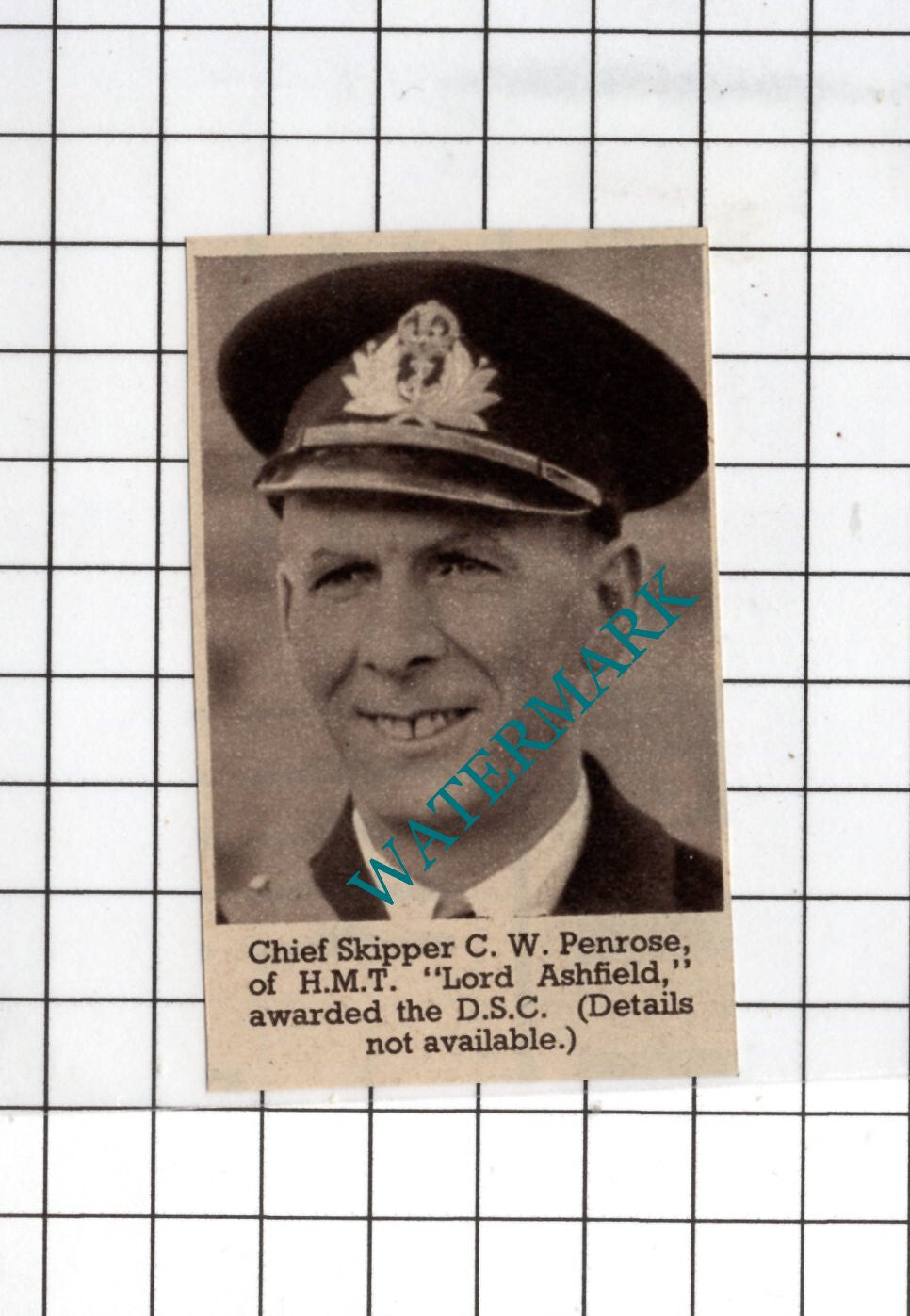 Chief Skipper C W Penrose HMT Lord Ashfield WW2 - 1940 SMALL News Clipping