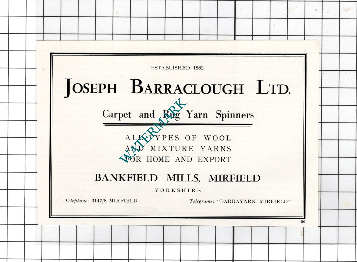 Joseph Barraclough Ltd Bankfield Mills Mirfield Yorkshire - c.1962 Small Advert