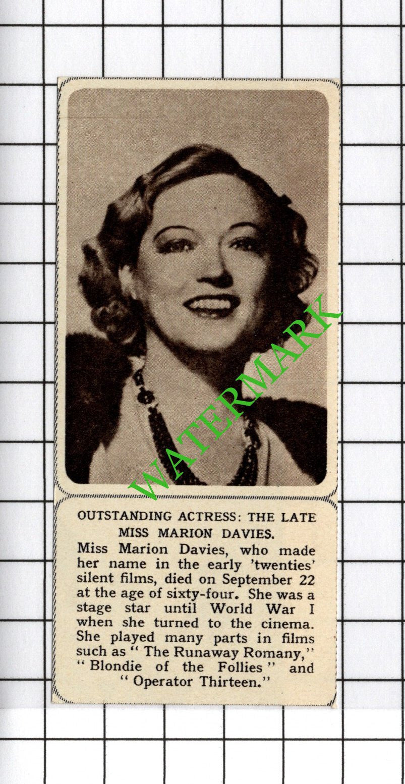 Miss Marion Davies Actress Obituary - 1961 SMALL Cutting