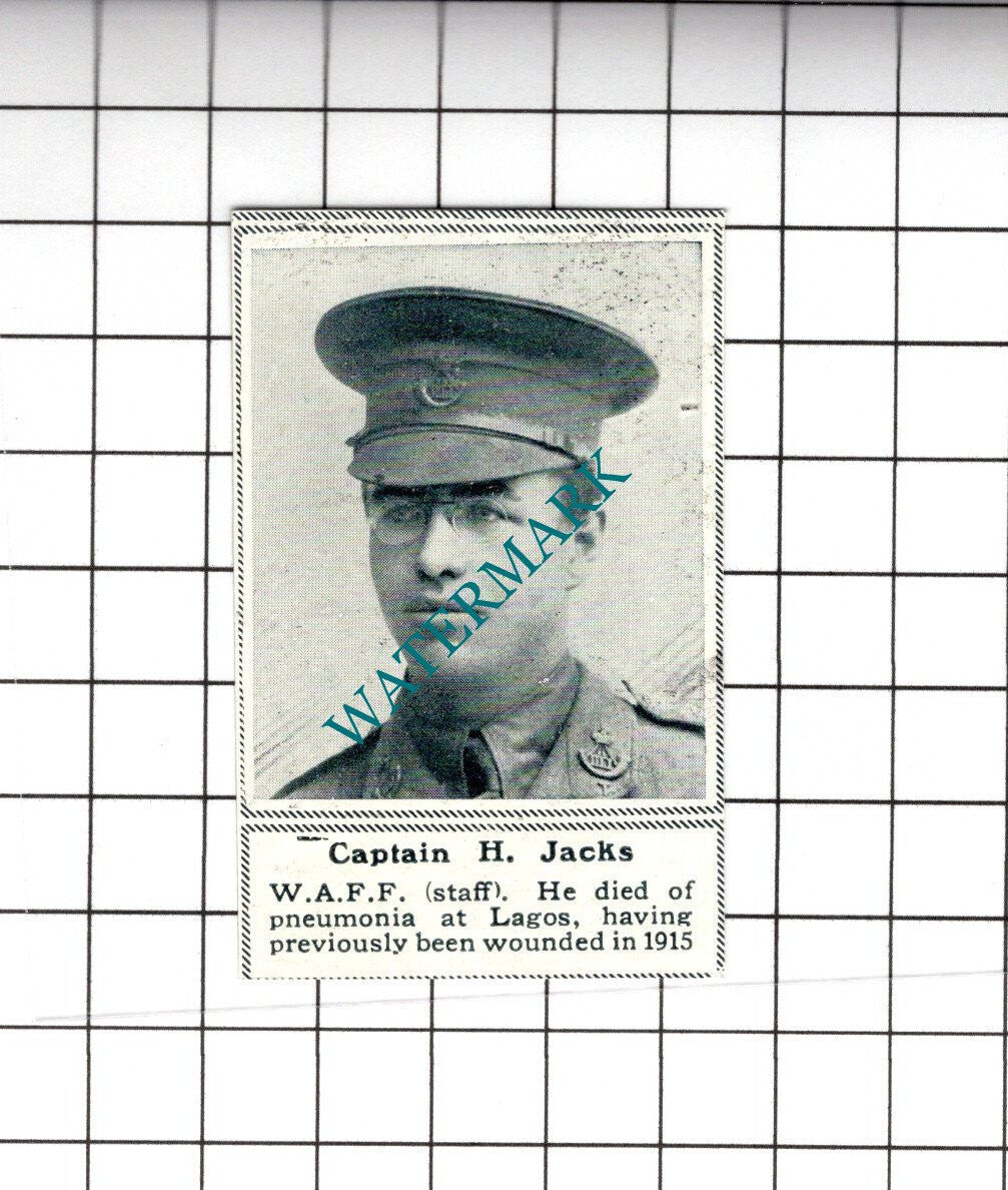 Captain H Jacks WAFF WW1 World War One - 1919 SMALL Cutting