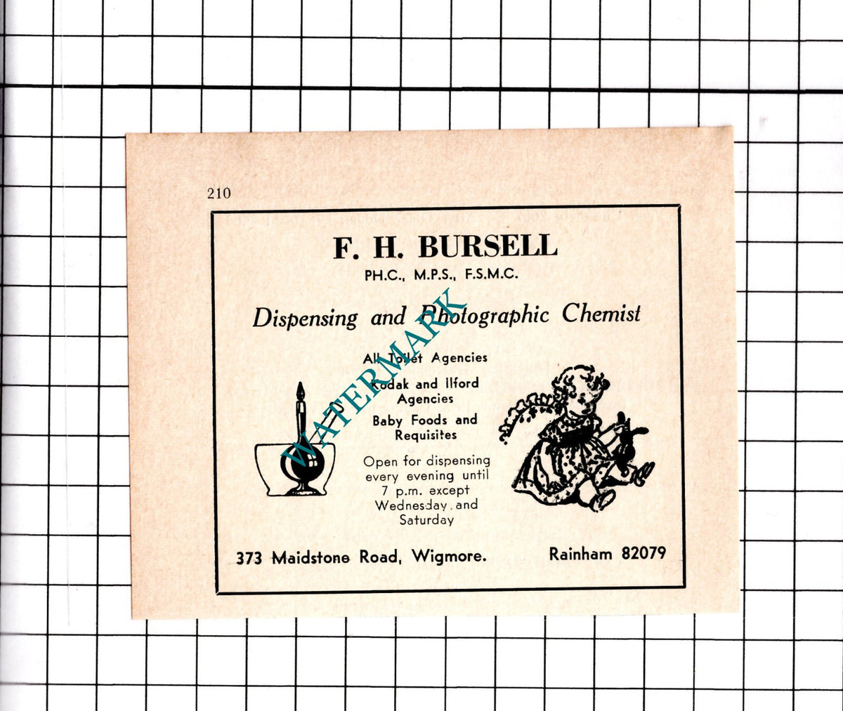 F H Bursell Chemist Wigmore Kent - 1967 Small Advert