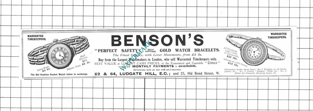 Benson's Timekeepers Watches Ludgate Hill London Advert - 1914 Clipping