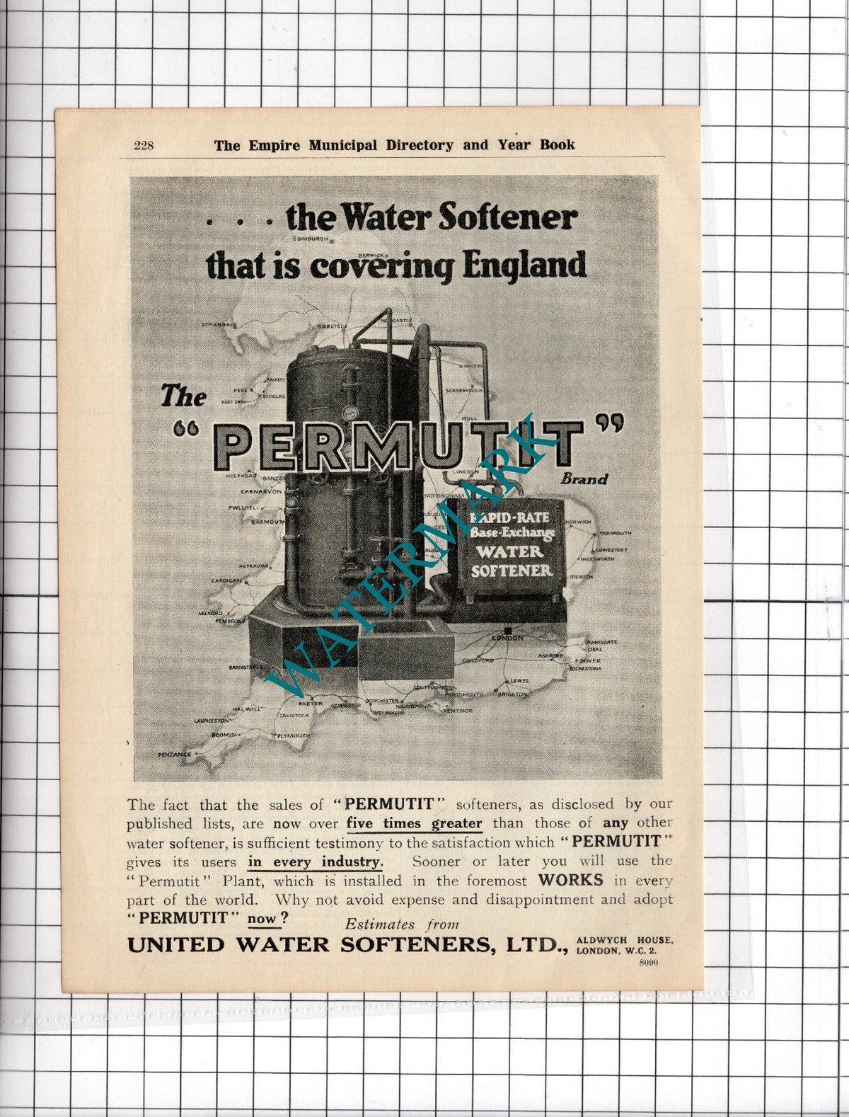 United Water Softeners Ltd Aldwych House London Permutit - 1927 Advert