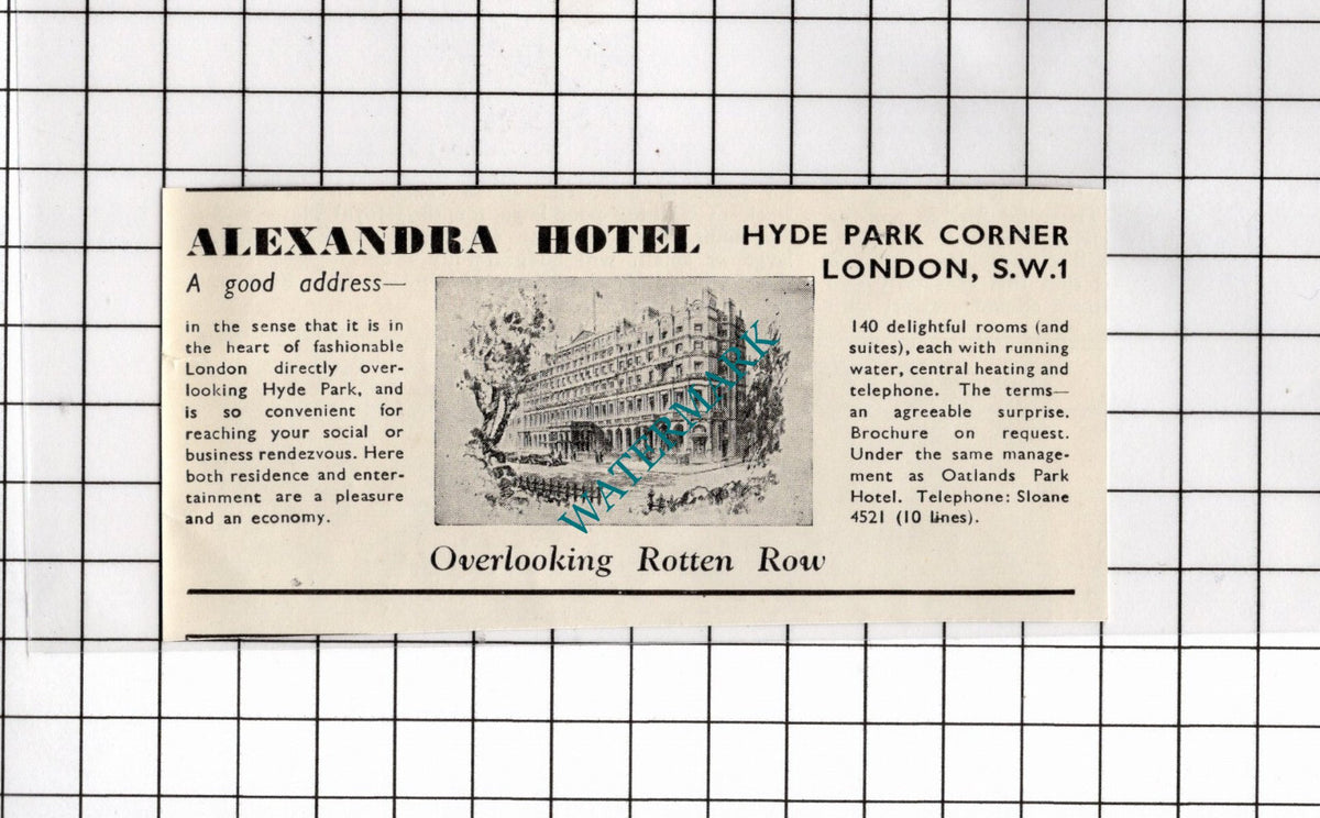 Alexandra Hotel Hyde Park Corner London - 1936 Small Advert / Cutting