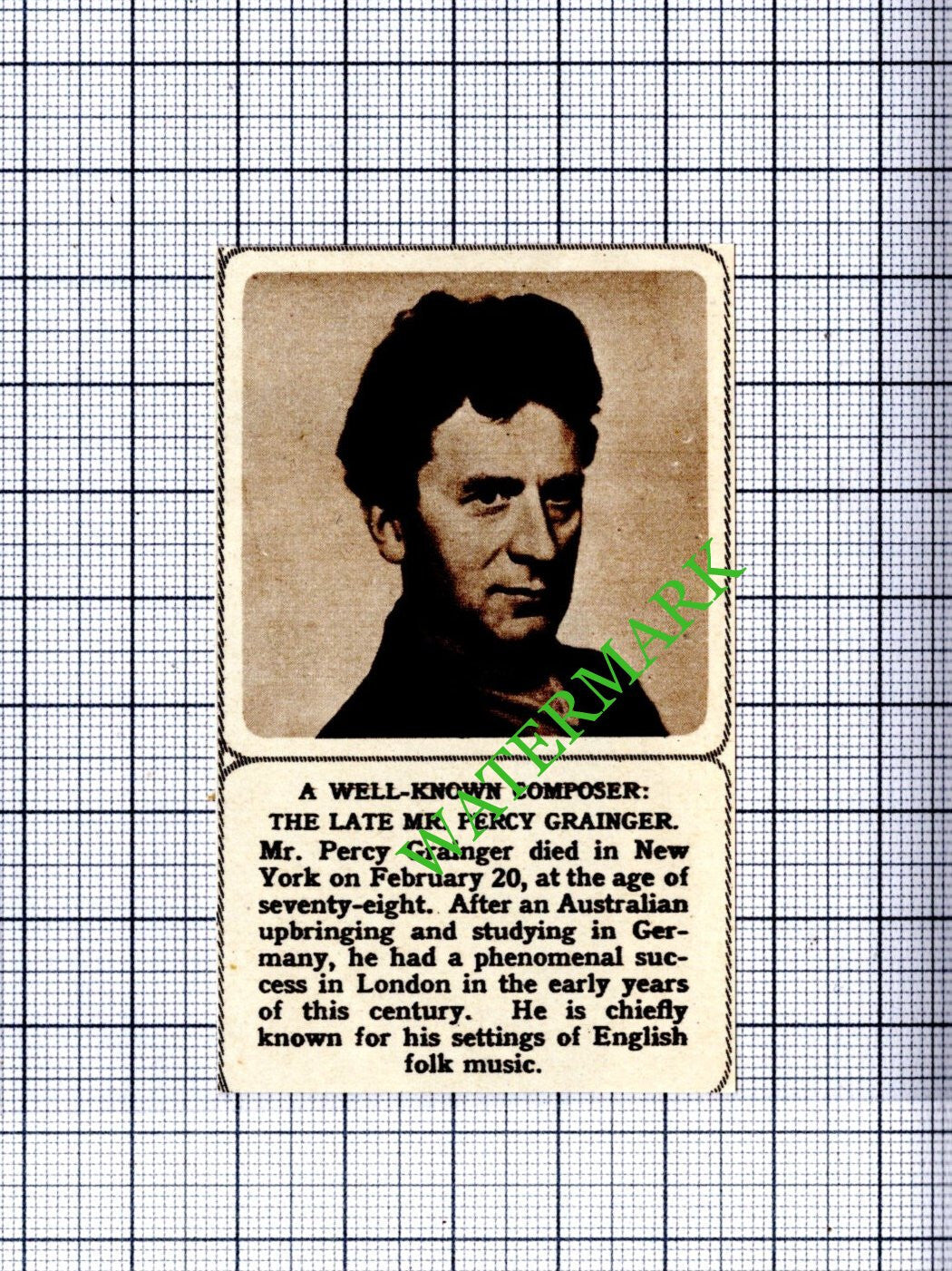 Mr Percy Grainger Composer Obituary - 1961 Small Cutting