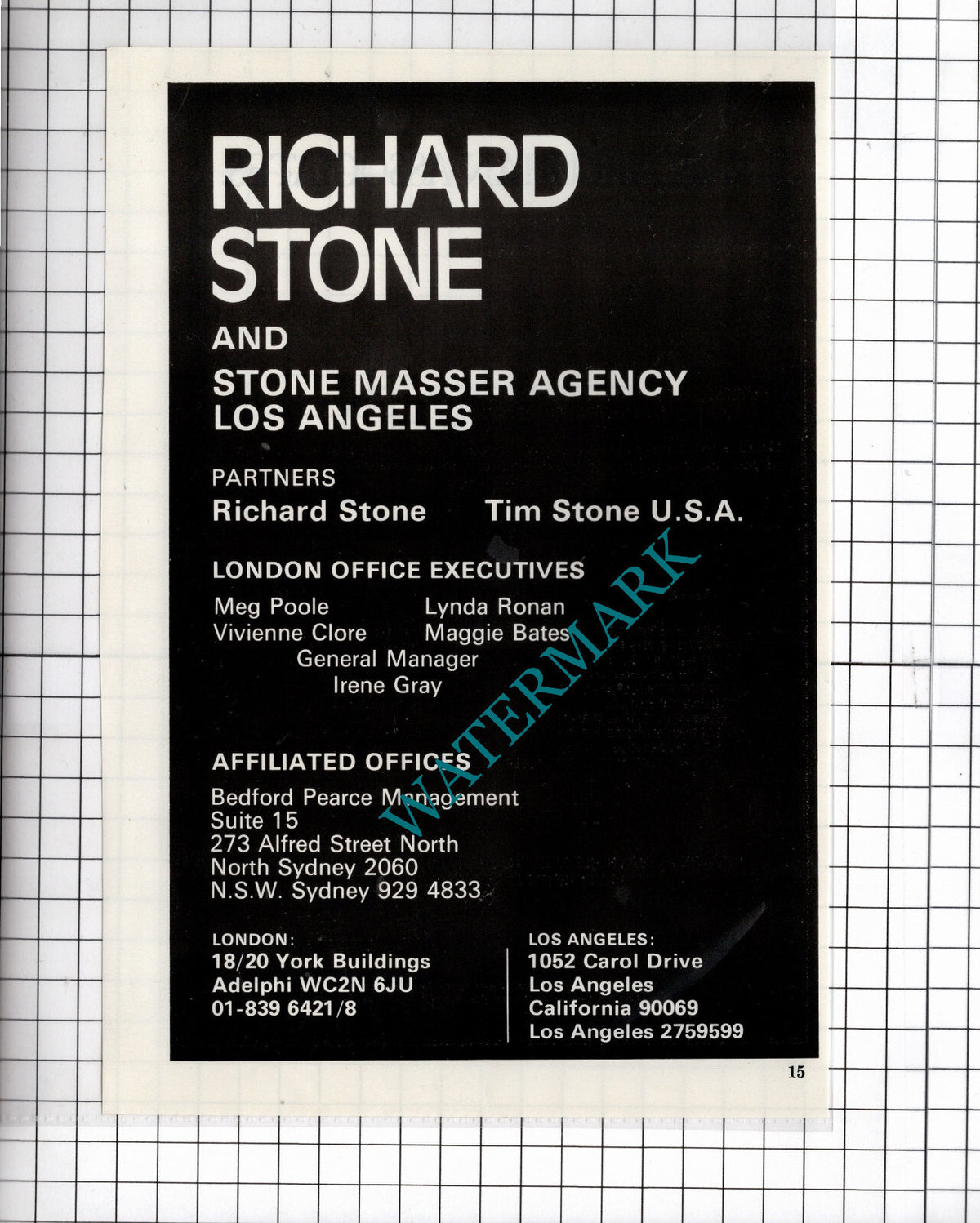 Richard Stone Stone Masser Agency Vivienne Clore Lynda Ronan - 1986 Advert