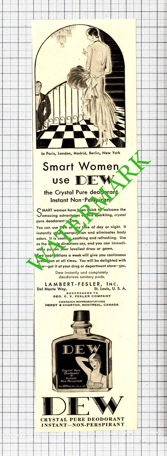 Dew Deodorant Lambert-Fesler Inc USA Advert - 1929 Cutting