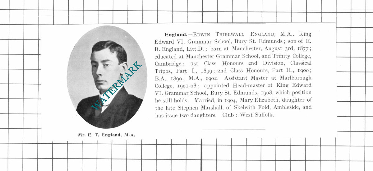 Edwin Thirlwall England King Edward VI School Bury St Edmunds - 1911 Clipping