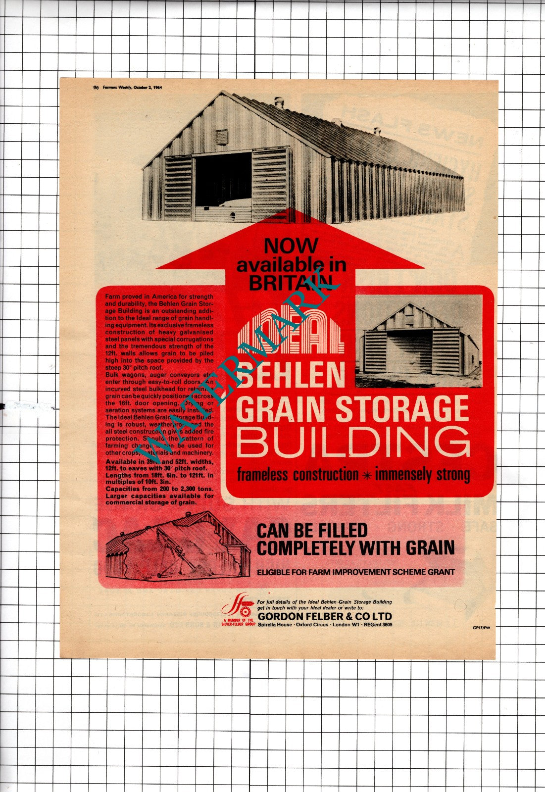 Gordon Felber & Co Ltd London Behlen Grain Storage Building - 1964 Advert