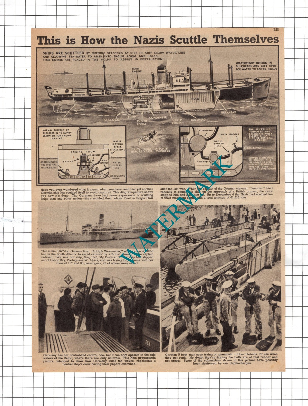 German Scuttling Ships World War Two WW2 - c.1940 Clipping