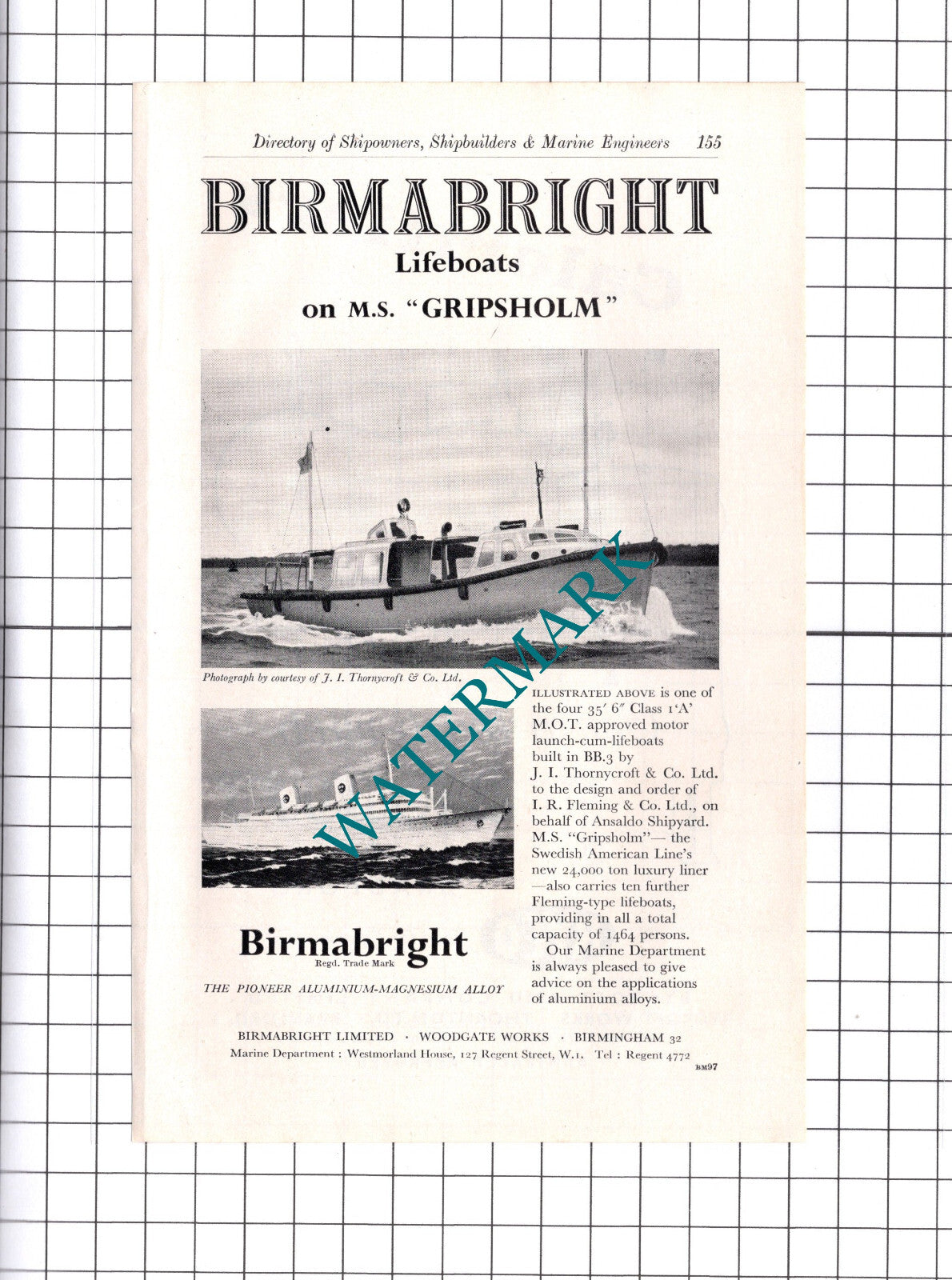 Birmabright Ltd Birmingham Lifeboats MS GRIPSHOLM Ship ADVERT - c.1957