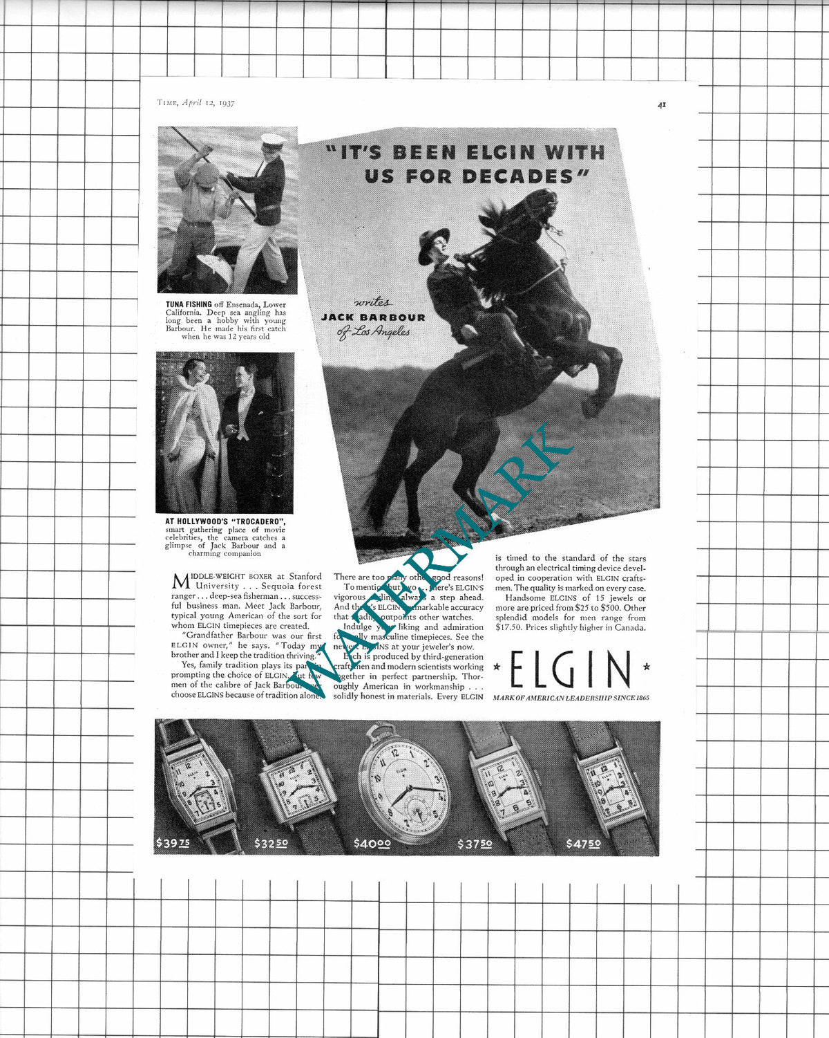 Jack Barbour Los Angeles Elgin Watch Advert USA - 1937 Clipping / Print