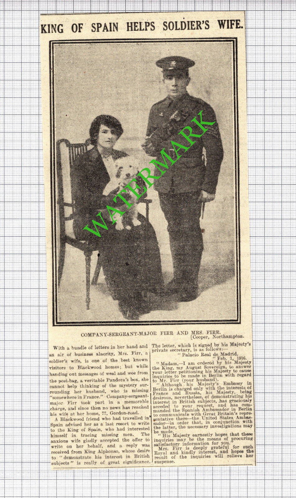 Sgt Major Firr Blackwood Wales Great War WW1 - 1916 News Cutting