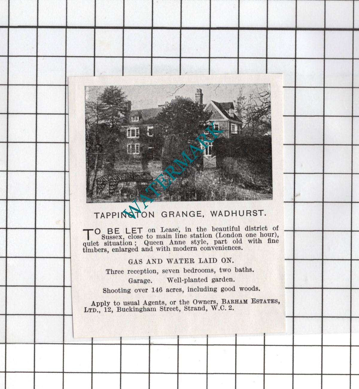 Tappington Grange Wadhurst Sussex - 1927 SMALL House Sale Advert