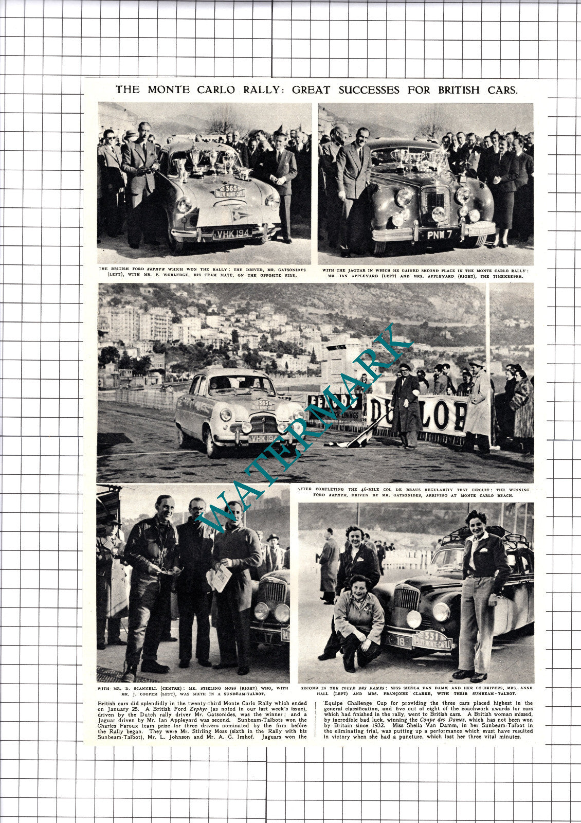 Monte Carlo Rally Gatsonides Worledge Appleyard Scannell - 1953 Cutting / Print