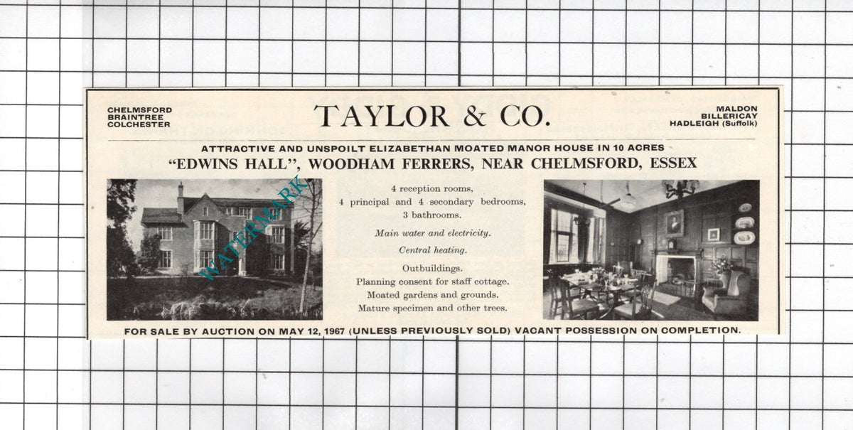 Edwins Hall Woodham Ferrers Essex - 1967 House Sale Advert
