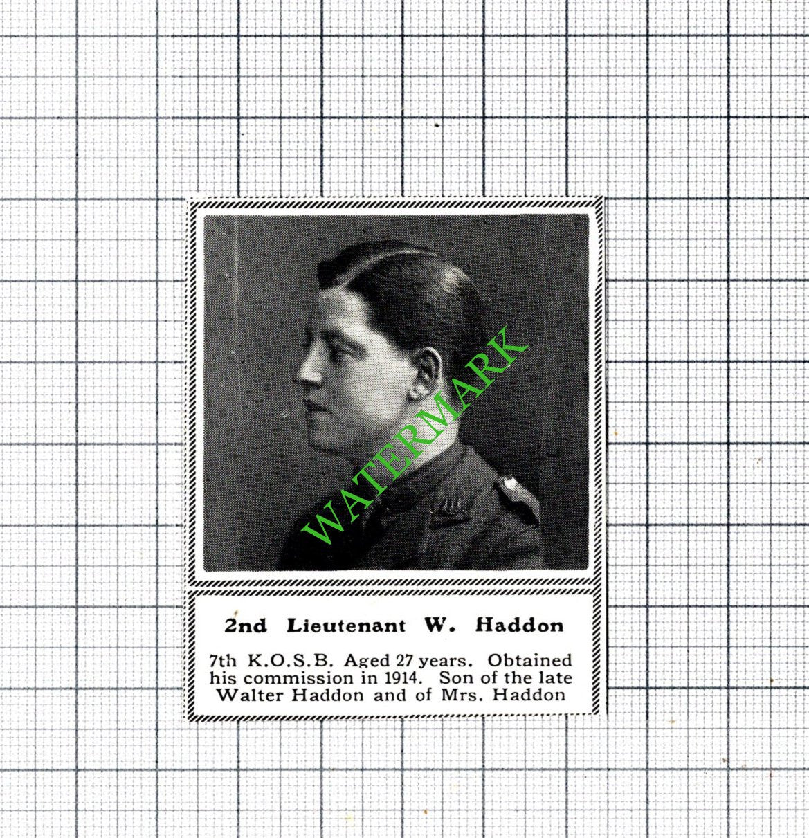 2nd Lt W Haddon 7th KOSB Walter World War One WW1 - c.1918 SMALL Cutting