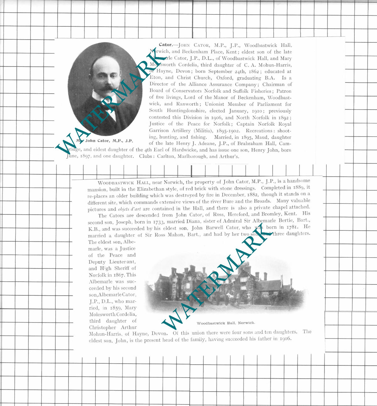 John Cator Woodbastwick Hall Norwich - 1911 2-Part Clipping