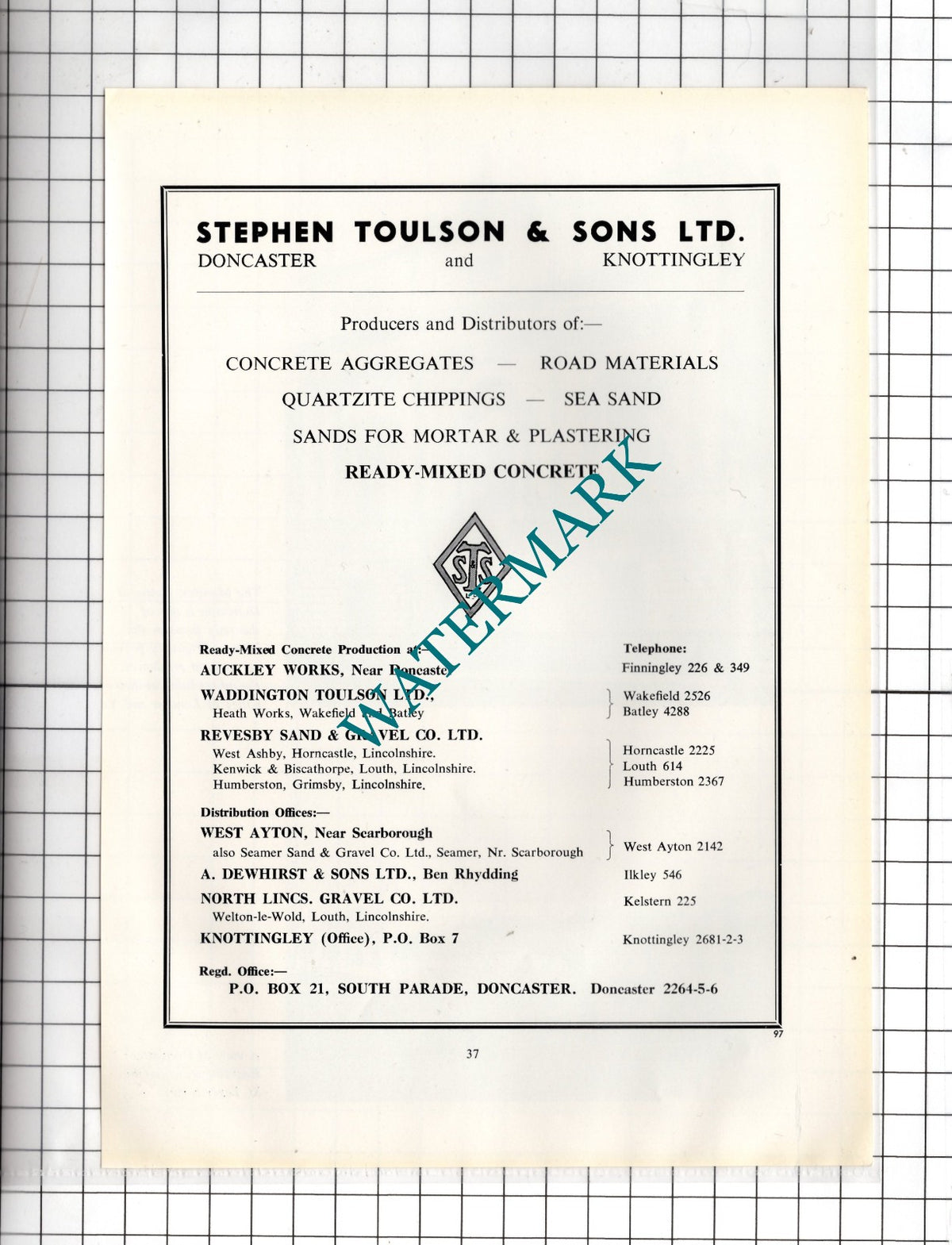 Stephen Toulson & Sons Ltd Doncaster Yorkshire - c.1962 Advert
