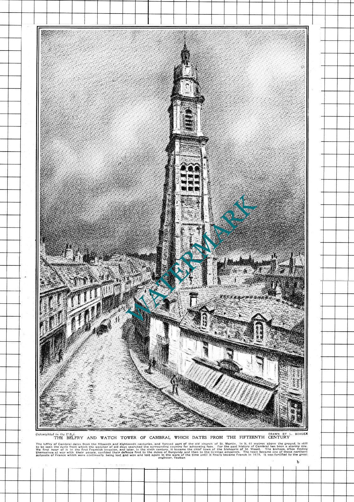The Belfry Tower Of Cambrai France L Borgex - 1918 Cutting / Print