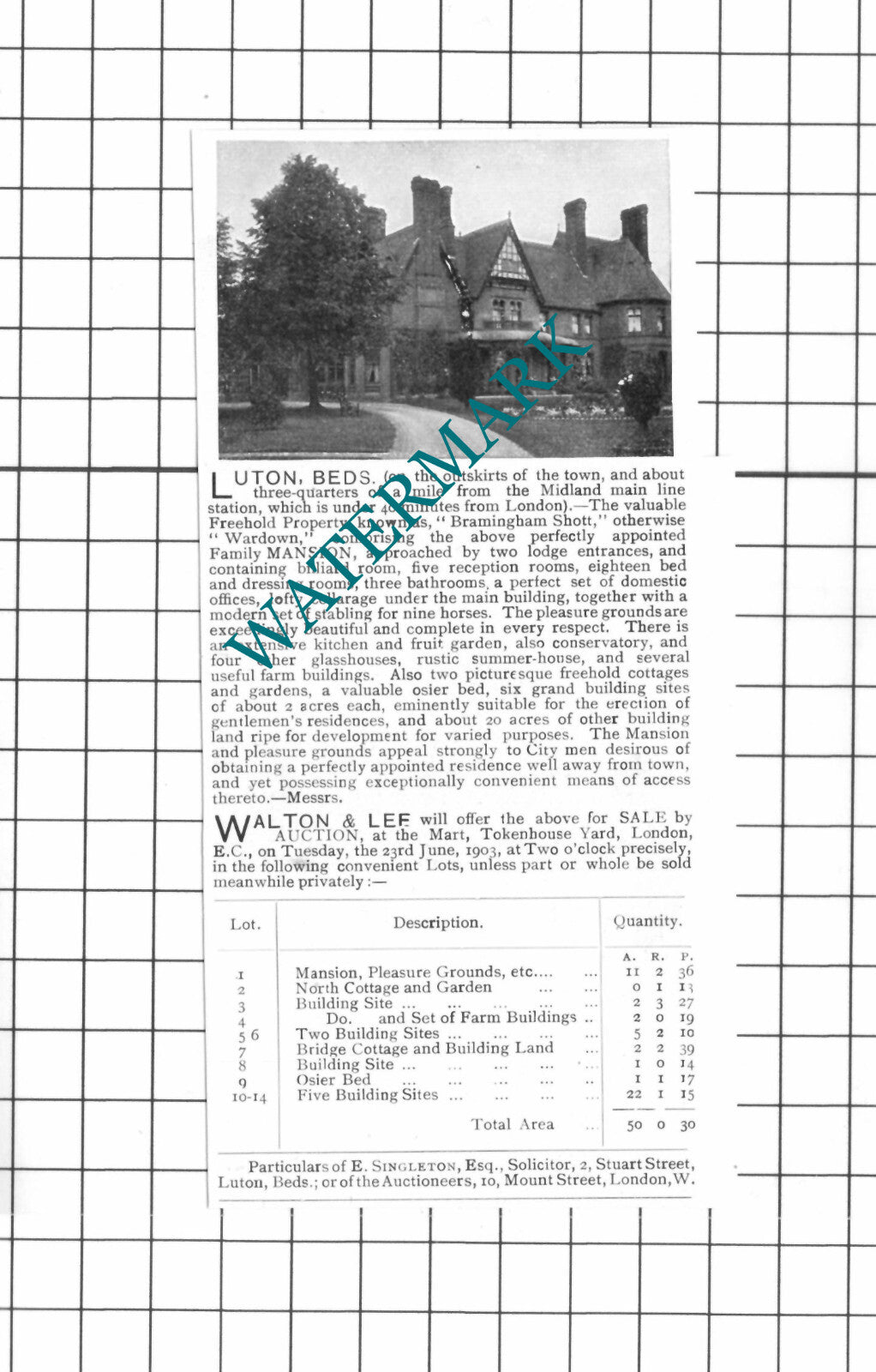 Wardown Bramingham Shott Luton Bedfordshire Sale Advert - 1903 Clipping