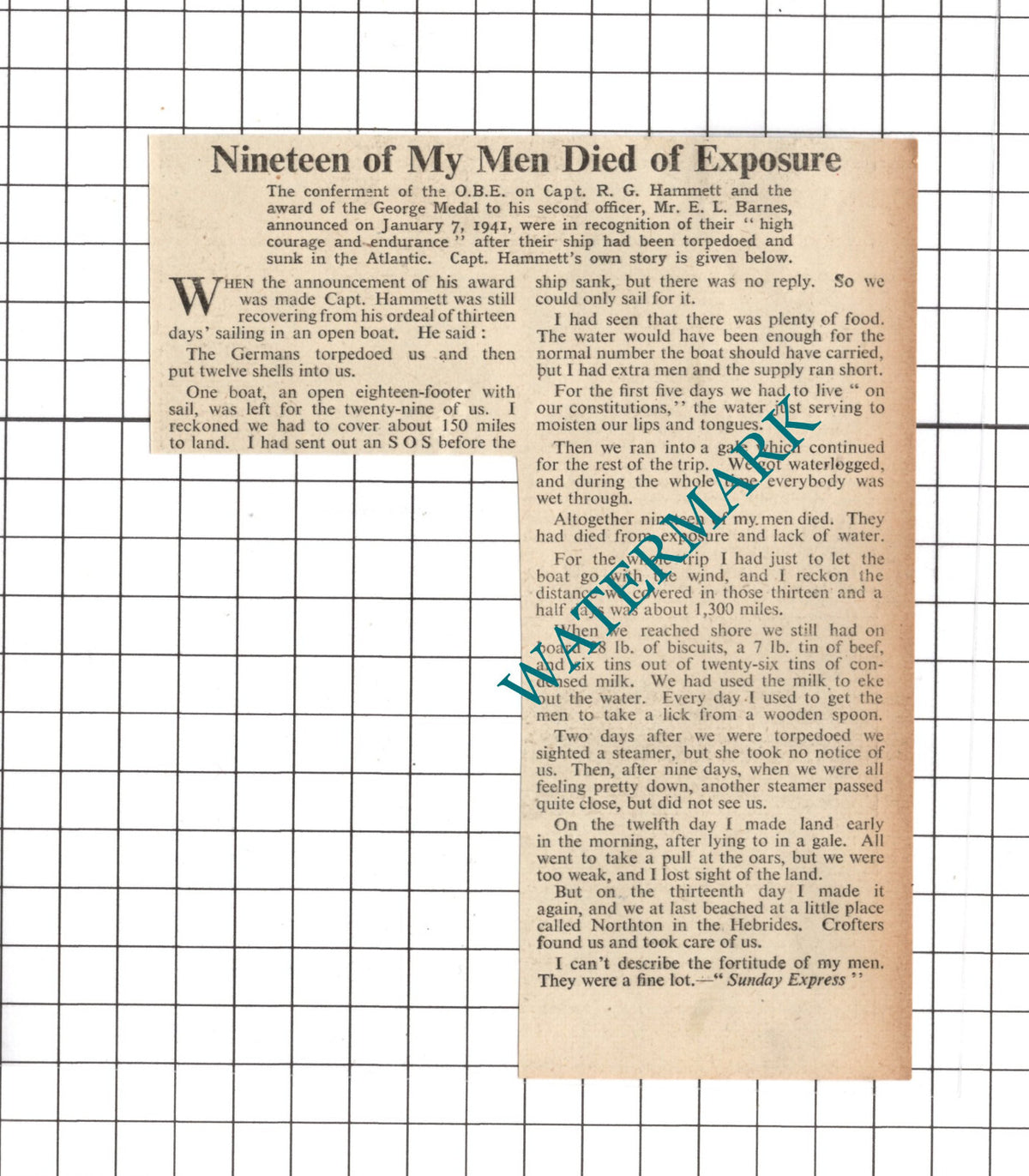 Captain R G Hammett WW2 - 1941 Clipping / Print