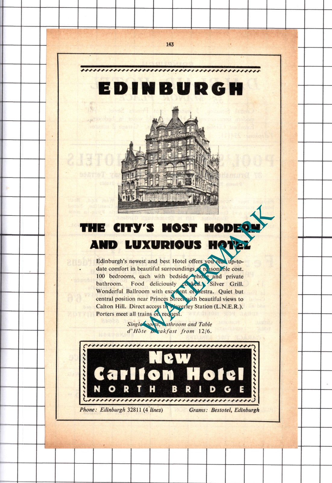 New Carlton Hotel Edinburgh Advert - 1939 Cutting