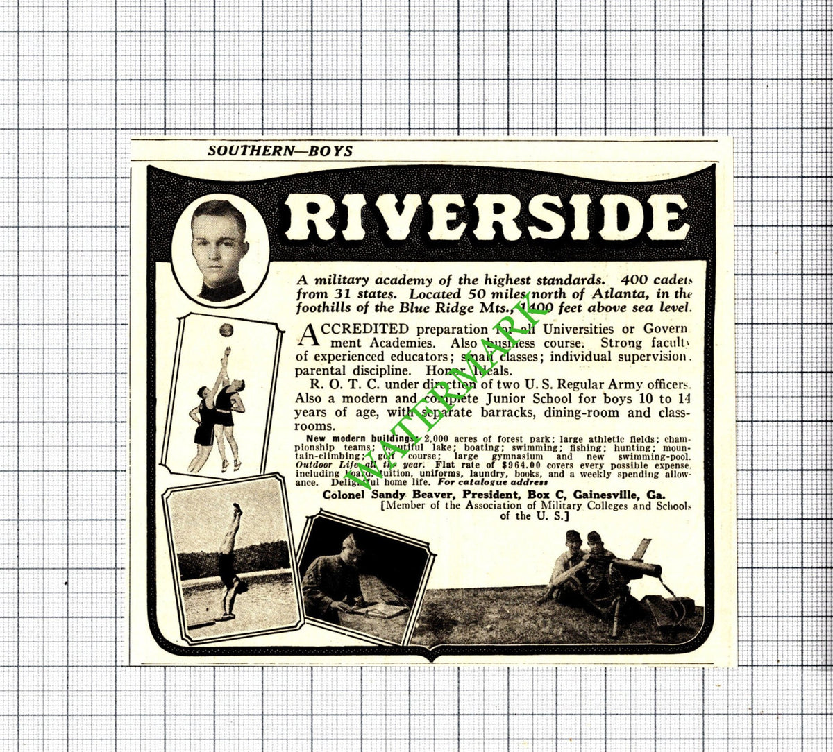 Riverside Military Academy Col Sandy Beaver USA Small Advert 1929 Cutting
