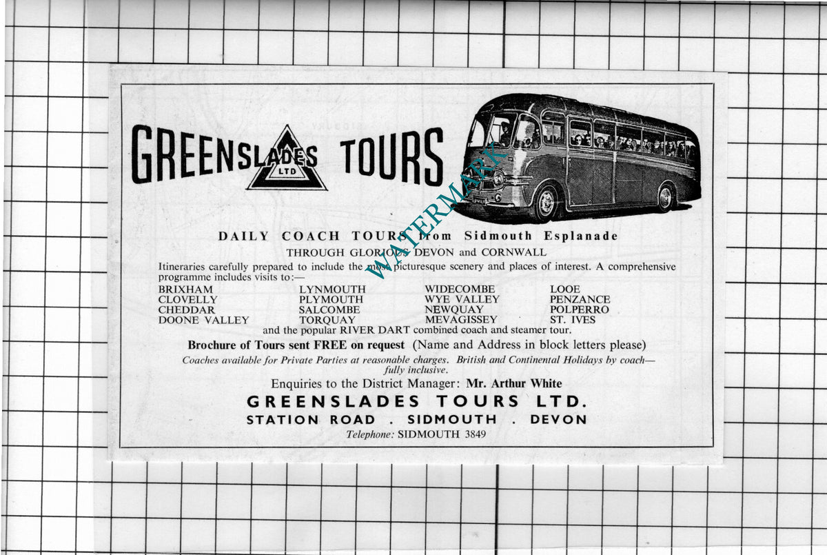 Greenslades Tours Ltd Sidmouth Devon - 1968 Small Advert