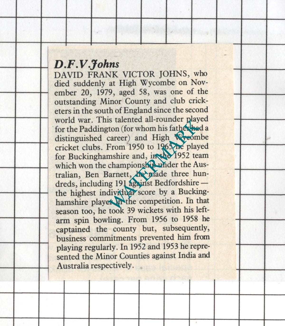 David Frank Victor Johns High Wycombe Cricketer Obituary - 1980 SMALL Clipping